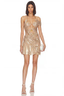 Theia Wetlook Mini Dress in Metallic Gold – Full Styled View, One-Shoulder Couture Mini Dress – LOOKE GARMENT