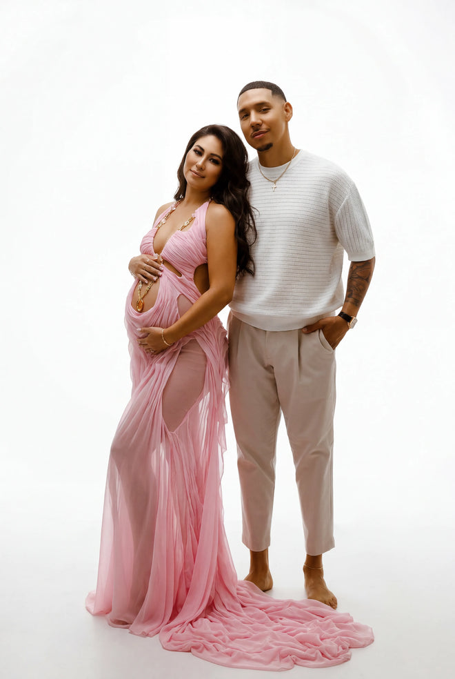 Venus Wet Look Dress in Light Pink – Full Length Maternity View, Goddess Couture Gown – LOOKE GARMENT