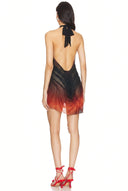 Eclipse Gradient Wet Look Mini Dress – Back View, Open Back with Red Black Gradient Detail – LOOKE GARMENT