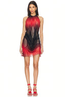 Eclipse Gradient Wet Look Mini Dress – Front View, Red and Black Ombre Hand-Draped Couture – LOOKE GARMENT