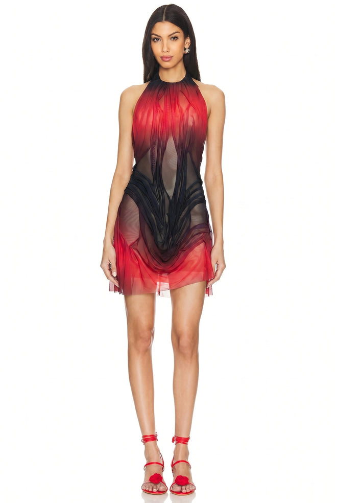 Eclipse Gradient Wet Look Mini Dress – Front View, Red and Black Ombre Hand-Draped Couture – LOOKE GARMENT