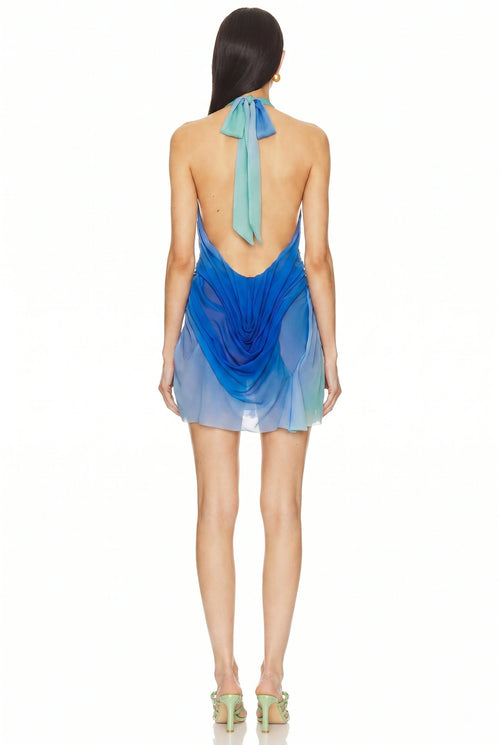 Moonlight Gradient Wetlook Mini Dress – Back View, Plunging Open Back Silhouette – LOOKE GARMENT