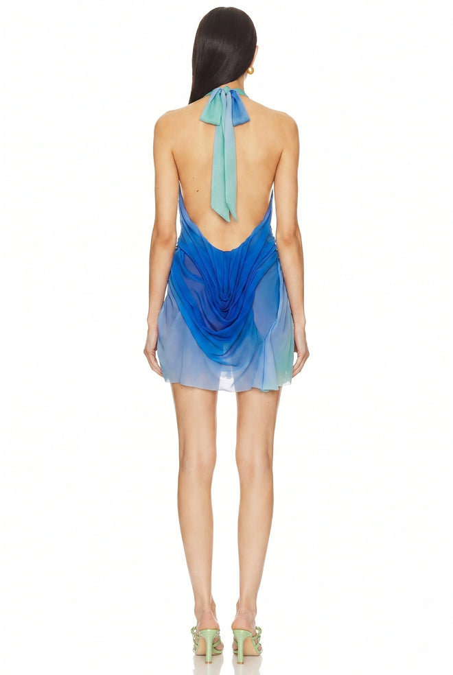 Moonlight Gradient Wetlook Mini Dress – Back View, Plunging Open Back Silhouette – LOOKE GARMENT