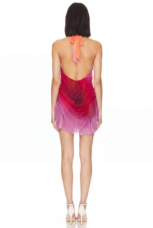 Sunset Gradient Wet Look Mini Dress – Back View, Open Back Hand-Draped Couture – LOOKE GARMENT