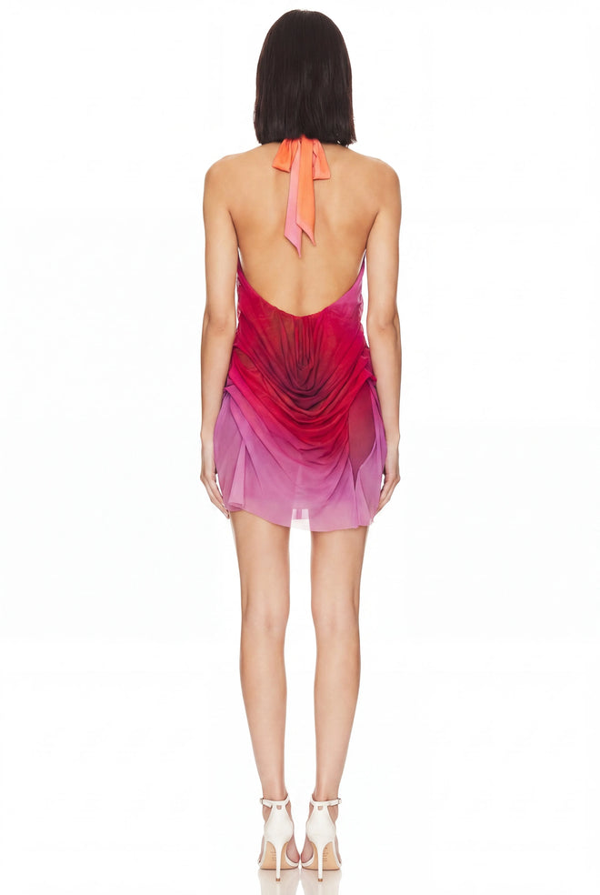 Sunset Gradient Wet Look Mini Dress – Back View, Open Back Hand-Draped Couture – LOOKE GARMENT
