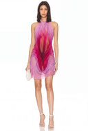 Sunset Gradient Wet Look Mini Dress – Front View, Apricot to Magenta Botanical Dye Ombre Dress – LOOKE GARMENT