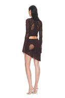 Ione Chocolate Brown mesh two-piece skirt set, back three quarter view showing draped crop top and asymmetric mini skirt