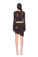 Ione Chocolate Brown mesh two-piece skirt set, back view showing draped crop top and asymmetric mini skirt