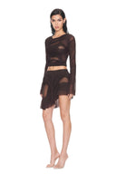 Ione Chocolate Brown mesh two-piece skirt set, front three quarter view showing draped crop top and asymmetric mini skirt