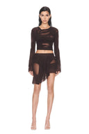 Ione Chocolate Brown mesh two-piece skirt set, front view showing draped crop top and asymmetric mini skirt