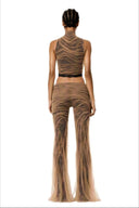 Back view of The Lace Temptation Set in Nude Mesh and Black Lace with hand-draped cropped top and flared trousers