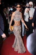 Celebrity styling reference wearing The Lace Temptation two-piece set in Nude Mesh and Black Lace