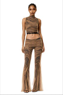The Lace Temptation Set in Nude Mesh and Black Lace, front view with hand-draped sheer mesh top and flared trousers