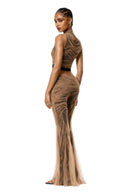Three-quarter back view of The Lace Temptation Set with layered nude mesh draping over black lace