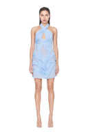 Front view of the baby blue Liquid Aura halter wetlook mini dress, showing a crossover halter neckline, keyhole cutout and gathered sheer panels.