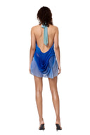 Back view of the Lunara Moonlight Gradient Wetlook Mini Dress showing the plunging open back and draped blue ombre silhouette