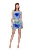 Front view of the Marea Moonlight Gradient wetlook skirt set with a draped crop top and matching mini skirt.