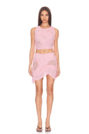Marea Light Pink wetlook two-piece set with sculpted crop top, sheer illusion panels and asymmetric mini skirt, front view