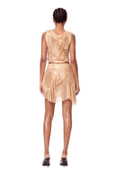 Back view of the Marea Metallic Gold wetlook two-piece set showing layered draping, sheer panels and asymmetric hem