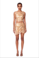 Marea Metallic Gold wetlook two-piece set with sculpted draping, sheer illusion panels and asymmetric mini skirt, front view
