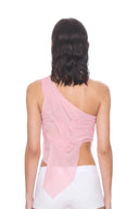 Back view of the Melia light pink crop top with wave-like folds and a long pointed panel.