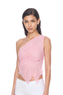 Melia light pink crop top in an angled front view, with a one-shoulder neckline and gathered folds.