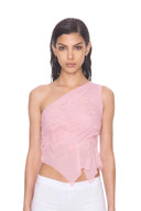 Melia light pink one-shoulder crop top, front view showing layered draping and a pointed asymmetric hem.