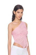 Side angle of the Melia light pink crop top showing the ruched draping and uneven hem.