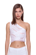 Nerina white one-shoulder crop top, front view showing wet look draping and sheer mesh panels