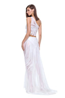 Nerina white wet look skirt set from a rear three-quarter angle, showing the draped back and long hem