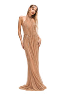 Nerissa nude pearl-embroidered wetlook gown with hand-draped mesh and sheer side cutout, front three-quarter view