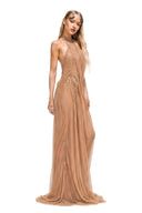 Side view of the Nerissa nude pearl-embroidered wetlook gown with sculptural draping and sheer illusion detail