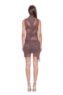 Back view of the Nysa brown wet look mini skirt set showing sculptural folds and sheer panels