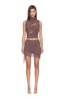 Nysa brown high-neck wet look mini skirt set, front view with draped folds and sheer mesh panels