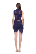 Back view of the Nysa navy wet look mini skirt set showing sculptural folds and sheer panels