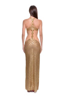 Ophira 3D hand-painted dragon-scale halter gown in Metallic Gold - back view