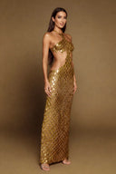 Ophira 3D hand-painted dragon-scale halter gown in Metallic Gold - evening campaign image