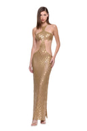 Ophira 3D hand-painted dragon-scale halter gown in Metallic Gold - front walking view