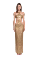 Ophira 3D hand-painted dragon-scale halter gown in Metallic Gold - front view
