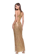 Ophira 3D hand-painted dragon-scale halter gown in Metallic Gold - rear three-quarter view