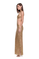 Ophira 3D hand-painted dragon-scale halter gown in Metallic Gold - side view