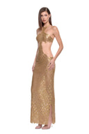 Ophira 3D hand-painted dragon-scale halter gown in Metallic Gold - three-quarter view showing the low side slit