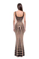Oria hand-painted dot gown in Black/Nude, back view showing the scooped back and graduated dot pattern