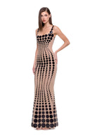 Front three-quarter view of the Oria 3D hand-painted dot gown in Black/Nude.