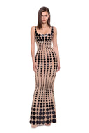 Oria hand-painted dot gown in Black/Nude, front view showing the square neckline and flared floor-length hem