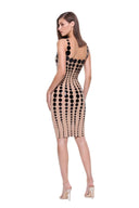 Oria hand-painted dot knee-length dress in Black/Nude, back three-quarter view
