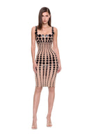 Oria hand-painted dot knee-length dress in Black/Nude, front view showing the square neckline and graduated dot pattern