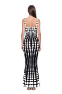 Oria hand-painted dot gown in White/Black, back view showing the scooped back and graduated dot pattern