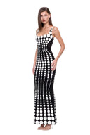 Front three-quarter view of the Oria 3D hand-painted dot gown in White/Black.