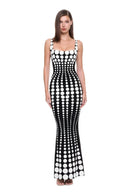 Oria hand-painted dot gown in White/Black, front view showing the square neckline and flared floor-length hem